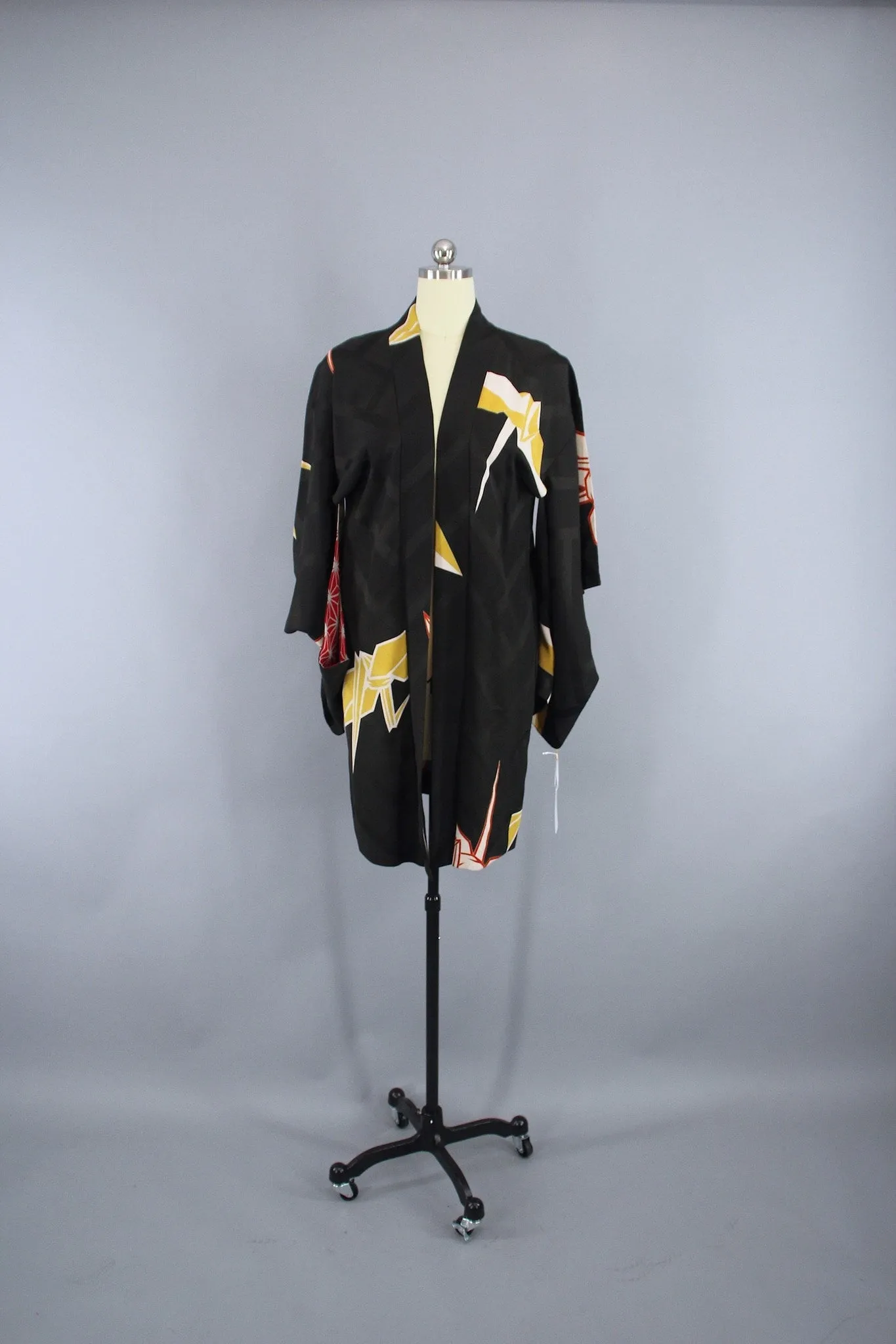 1920s Vintage Silk Haori Kimono Jacket Cardigan/  Black Origami Cranes Birds