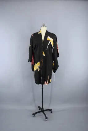 1920s Vintage Silk Haori Kimono Jacket Cardigan/  Black Origami Cranes Birds