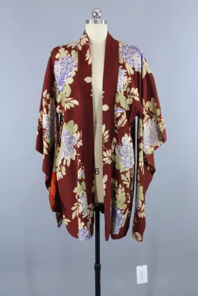 1930s Vintage Silk Haori Kimono Jacket Cardigan / Brown & Blue Floral Print