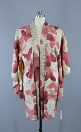 1930s Vintage Silk Haori Kimono Jacket Cardigan with Pink Butterflies