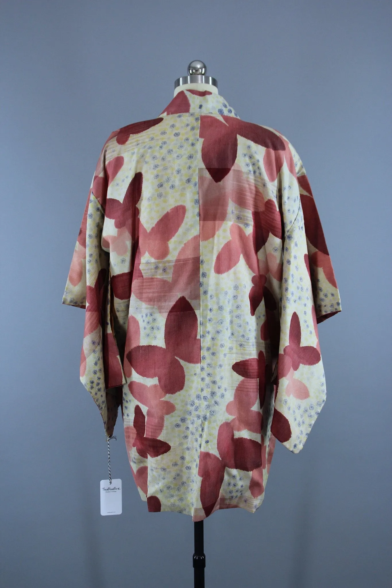 1930s Vintage Silk Haori Kimono Jacket Cardigan with Pink Butterflies