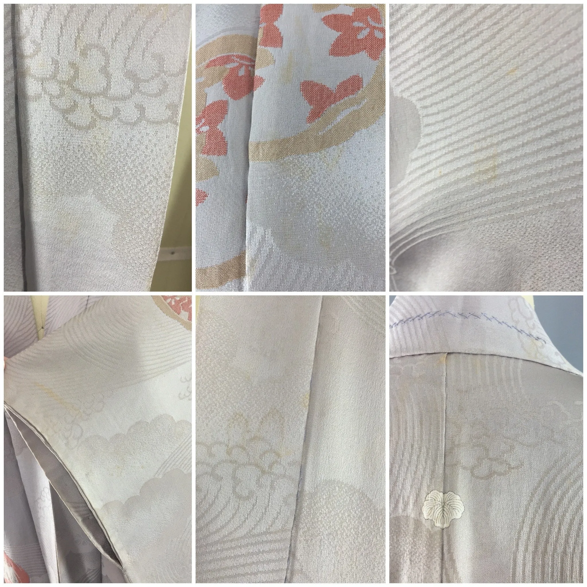 1950s Vintage Silk Kimono Jacket / Silk Haori Kimono Cardigan / Urushi Embroidery Grey Floral