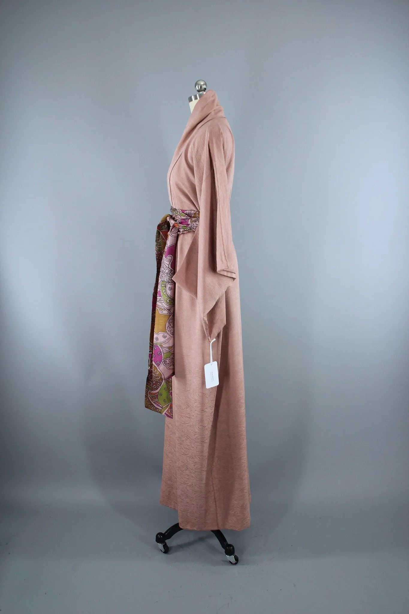 1950s Vintage Silk Kimono Robe / Taupe Beige Moire