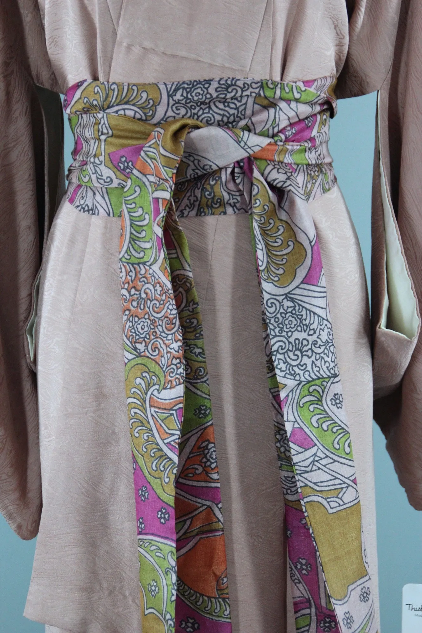 1950s Vintage Silk Kimono Robe / Taupe Beige Moire