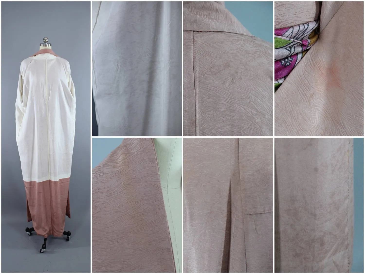 1950s Vintage Silk Kimono Robe / Taupe Beige Moire
