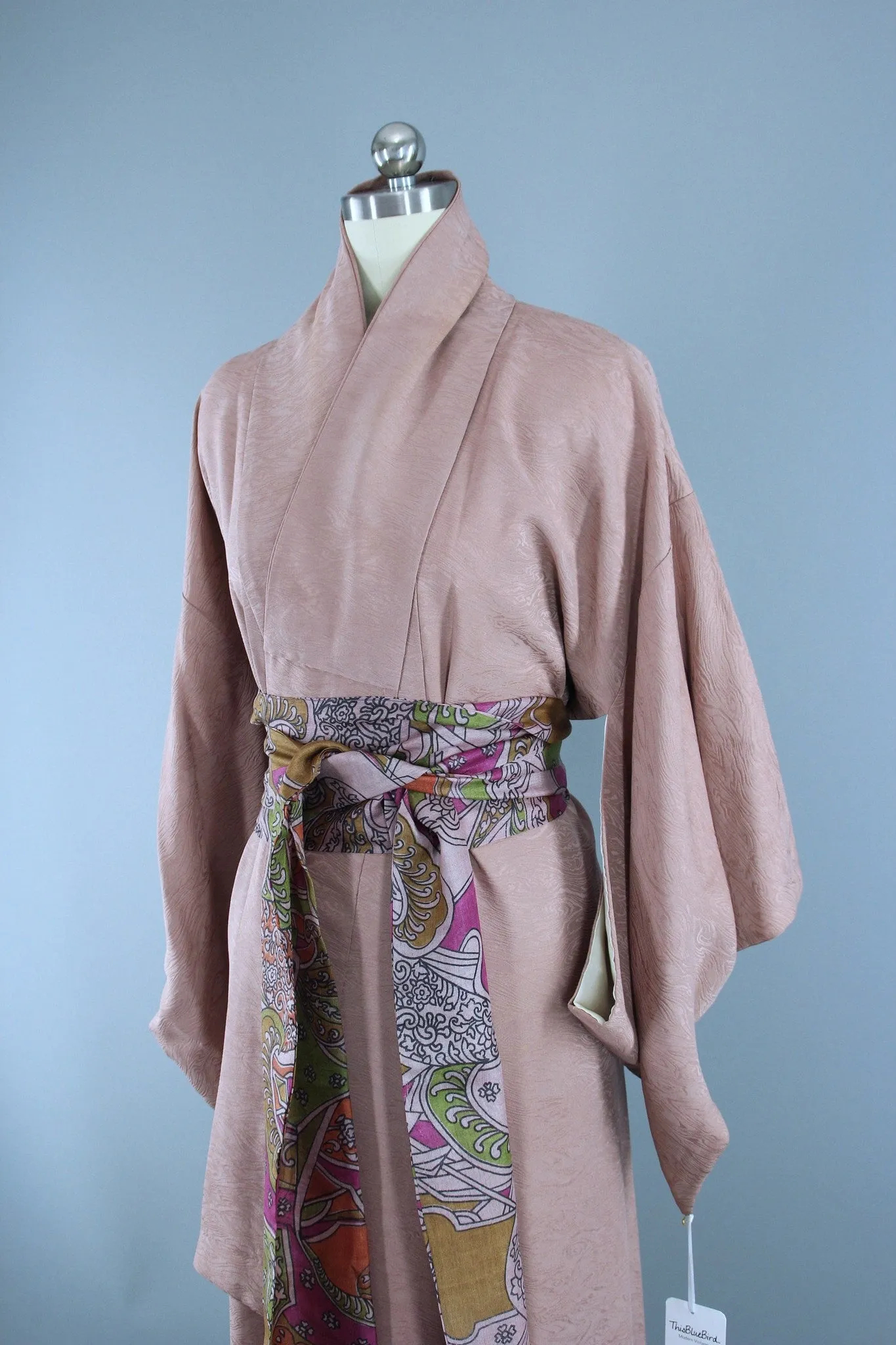1950s Vintage Silk Kimono Robe / Taupe Beige Moire