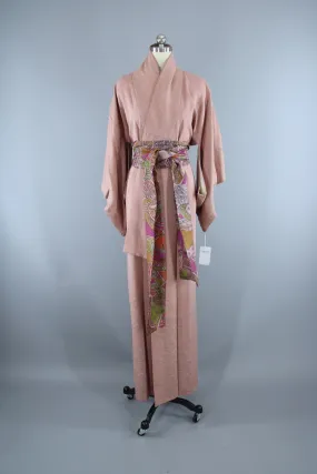 1950s Vintage Silk Kimono Robe / Taupe Beige Moire