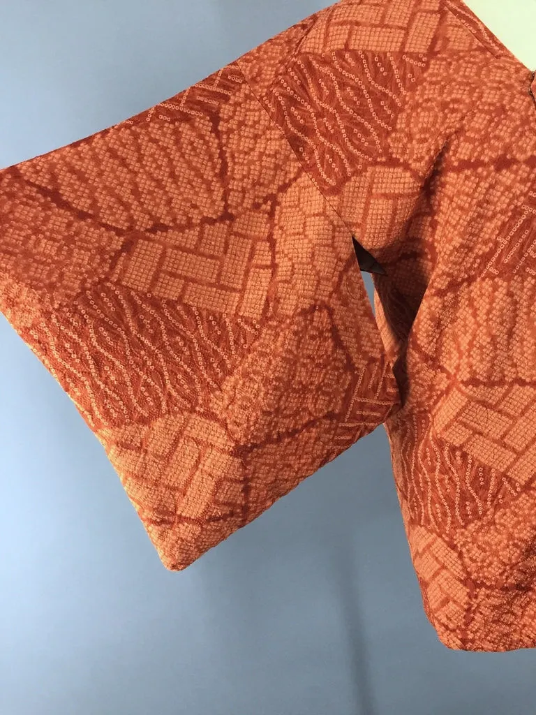 1970s Vintage Orange Shibori Silk Michiyuki Kimono Cardigan Jacket
