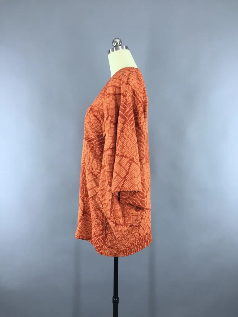 1970s Vintage Orange Shibori Silk Michiyuki Kimono Cardigan Jacket