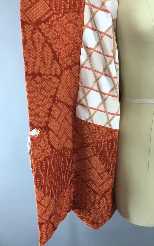 1970s Vintage Orange Shibori Silk Michiyuki Kimono Cardigan Jacket