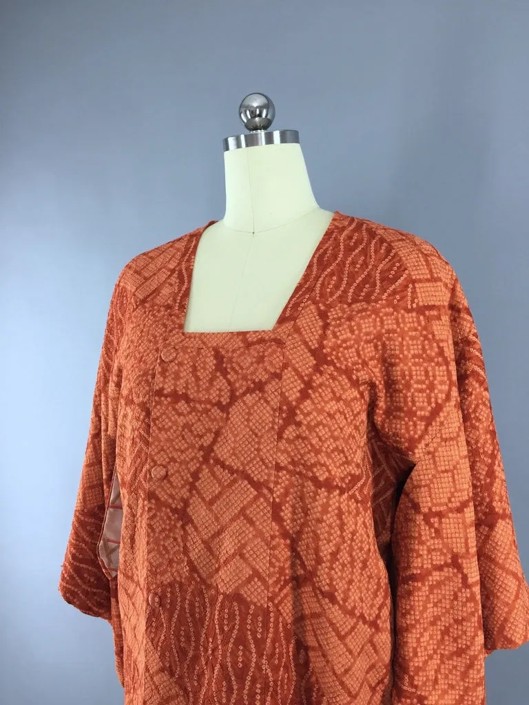 1970s Vintage Orange Shibori Silk Michiyuki Kimono Cardigan Jacket