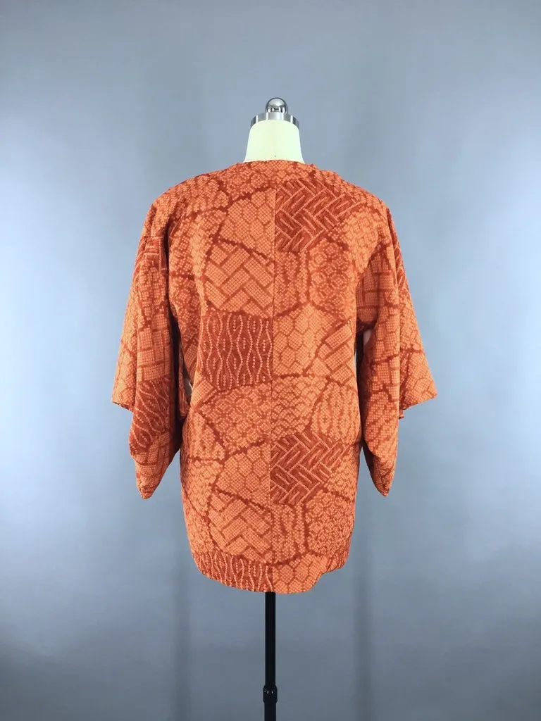 1970s Vintage Orange Shibori Silk Michiyuki Kimono Cardigan Jacket