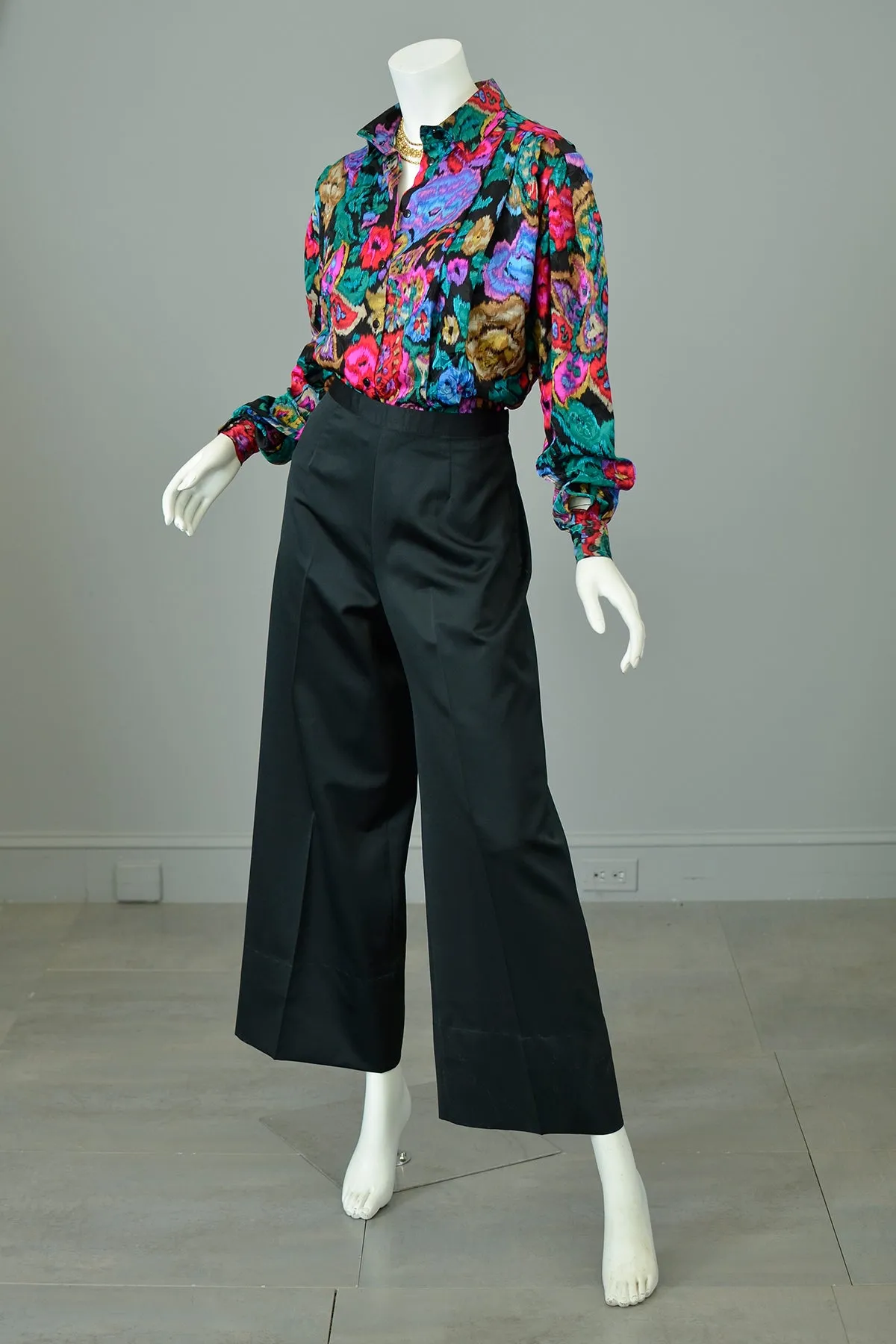 1980s Vibrant Neon Floral Rose Print Silk Blouse with Pleated Shoulders