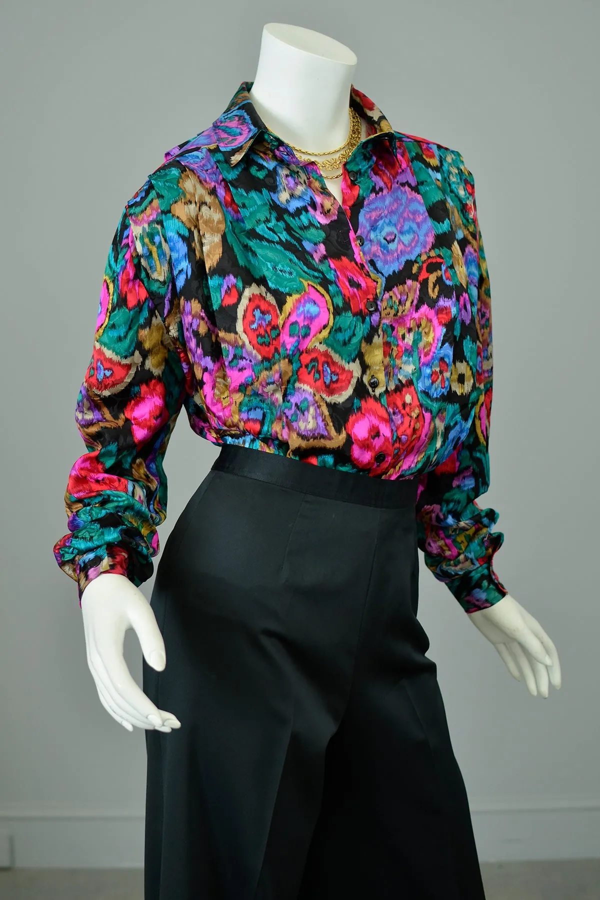 1980s Vibrant Neon Floral Rose Print Silk Blouse with Pleated Shoulders