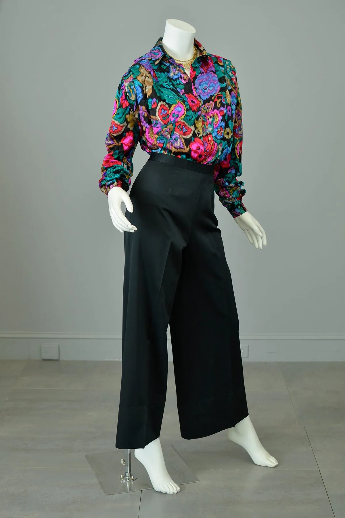 1980s Vibrant Neon Floral Rose Print Silk Blouse with Pleated Shoulders