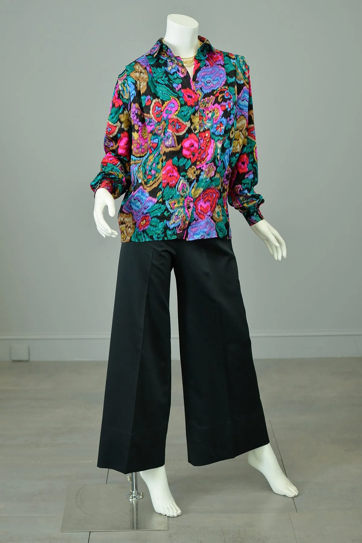 1980s Vibrant Neon Floral Rose Print Silk Blouse with Pleated Shoulders