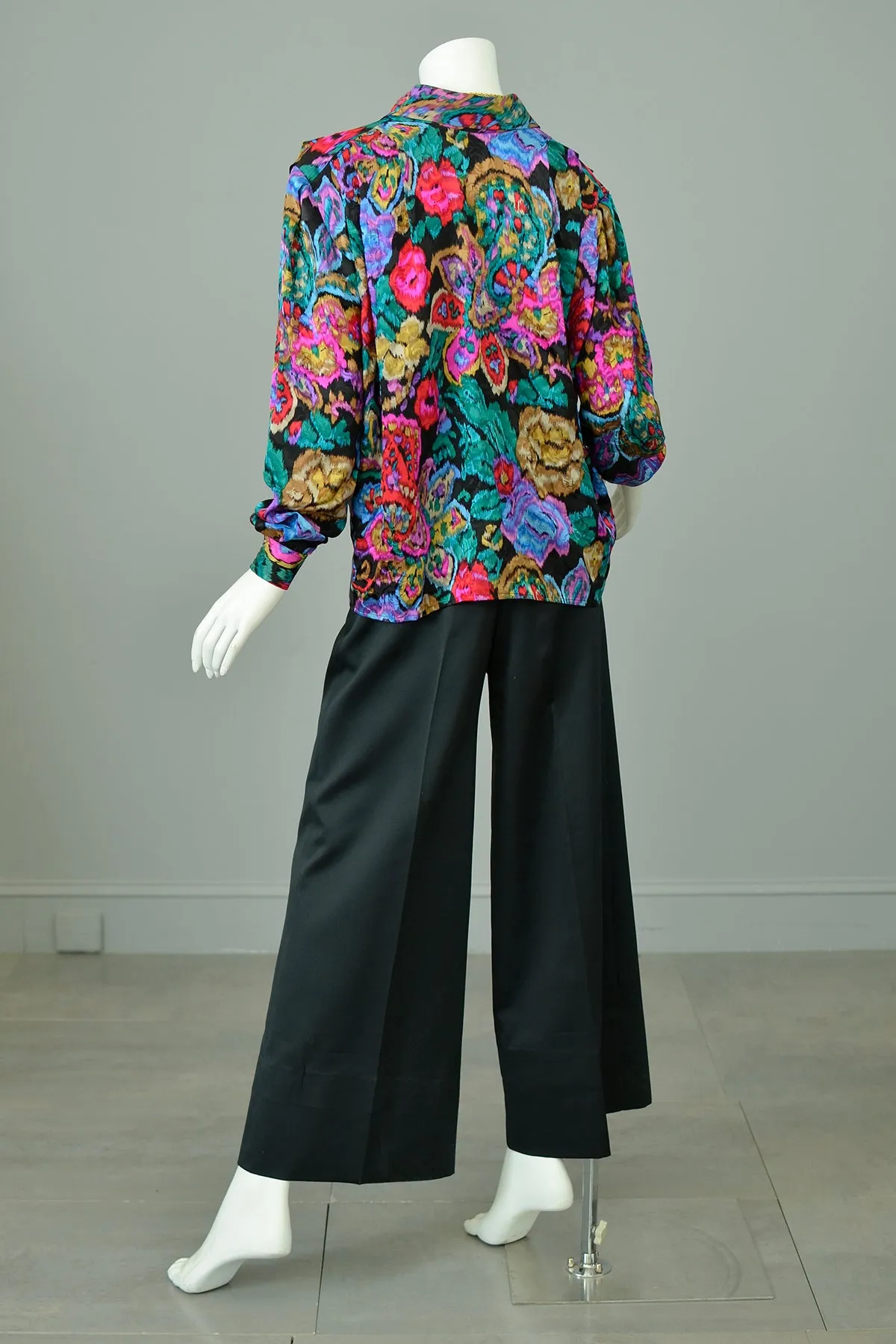 1980s Vibrant Neon Floral Rose Print Silk Blouse with Pleated Shoulders