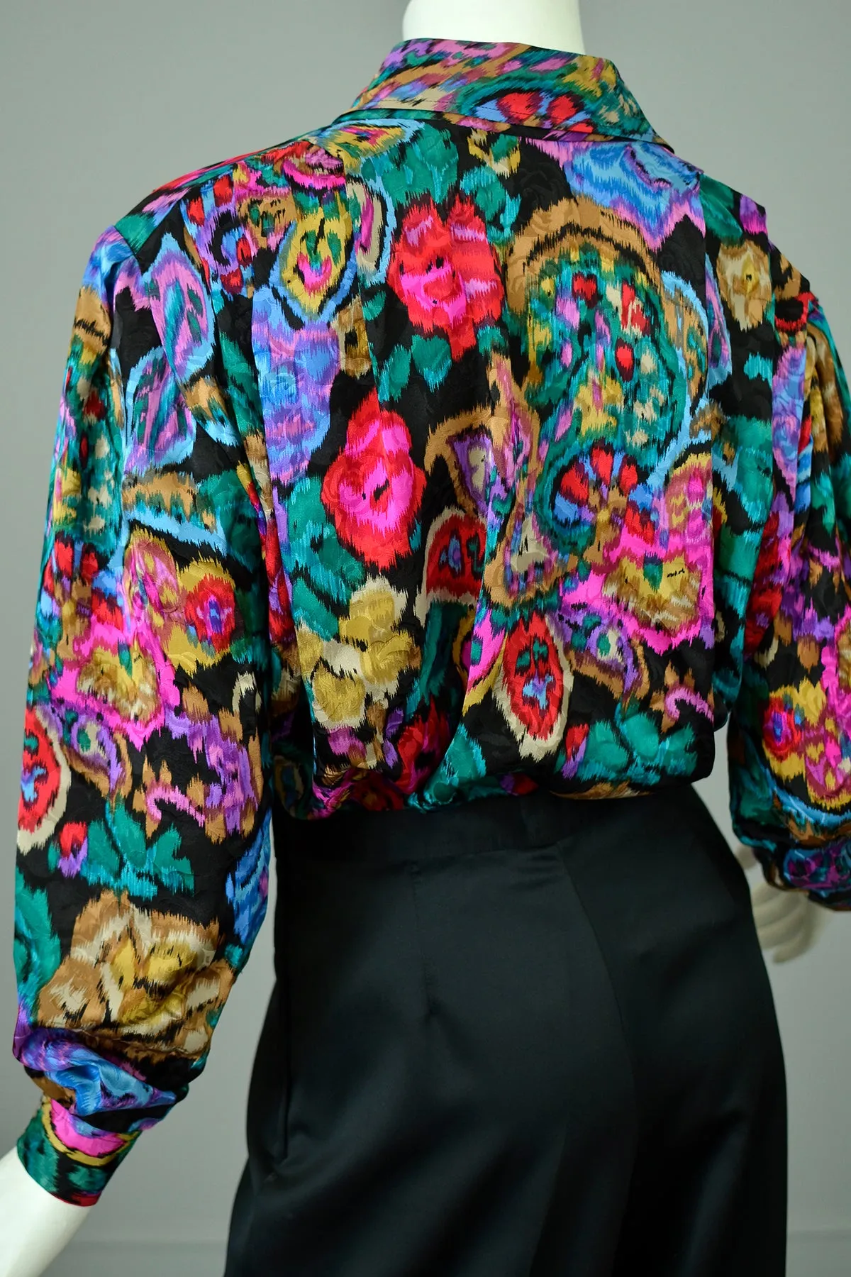 1980s Vibrant Neon Floral Rose Print Silk Blouse with Pleated Shoulders