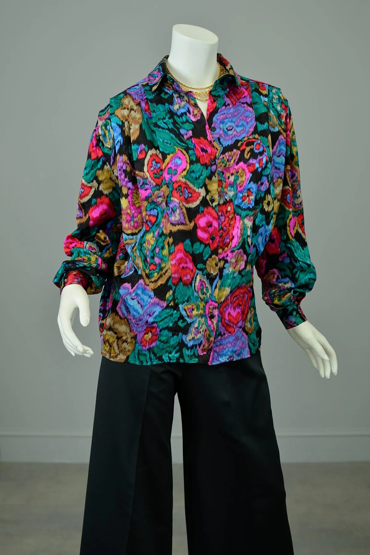 1980s Vibrant Neon Floral Rose Print Silk Blouse with Pleated Shoulders
