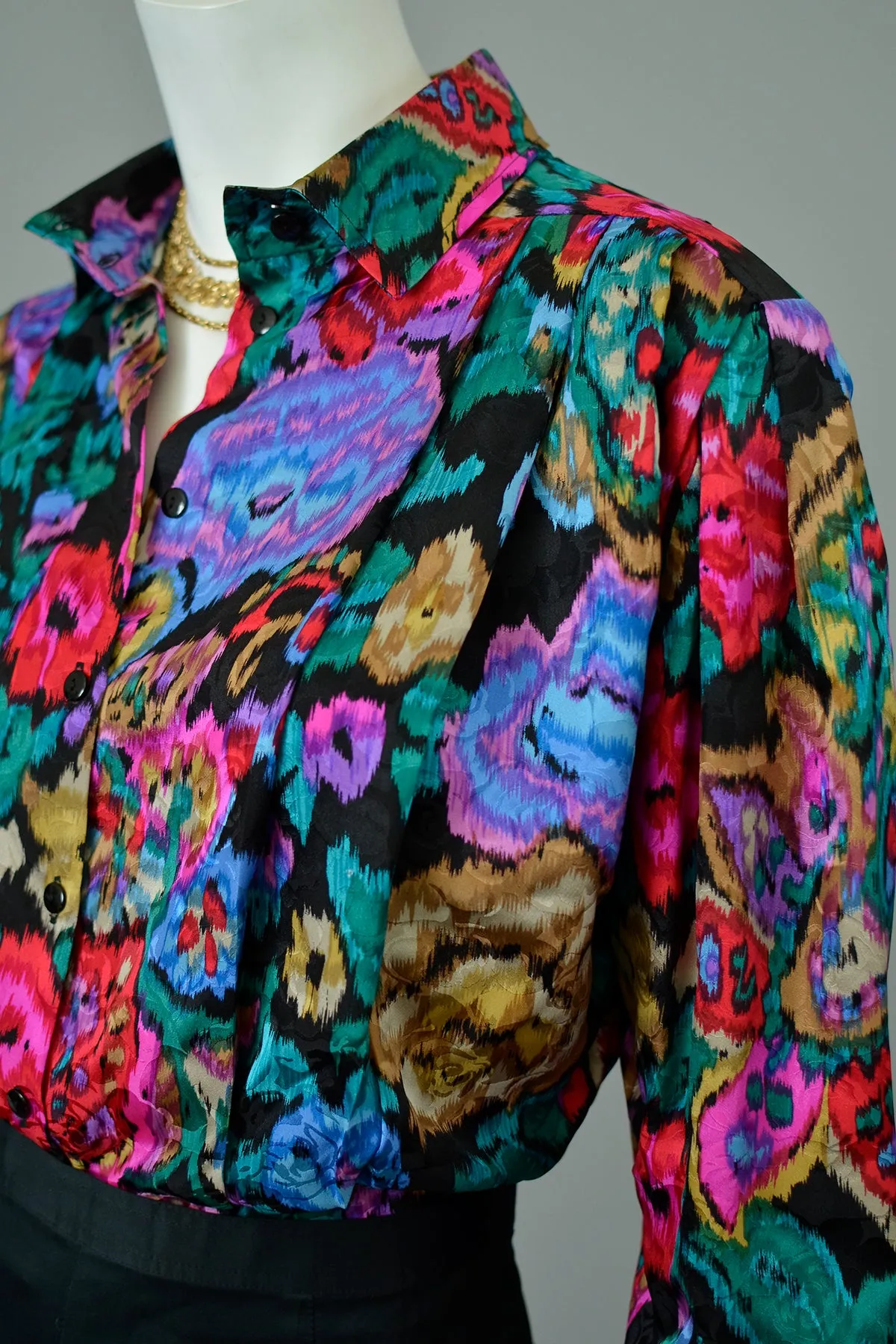 1980s Vibrant Neon Floral Rose Print Silk Blouse with Pleated Shoulders