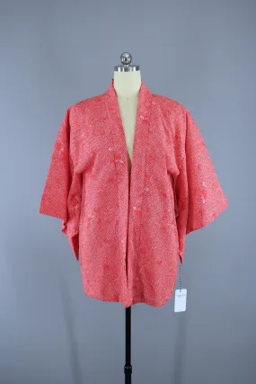 1980s Vintage Haori Kimono Jacket Cardigan / Watermelon Pink Shibori Print