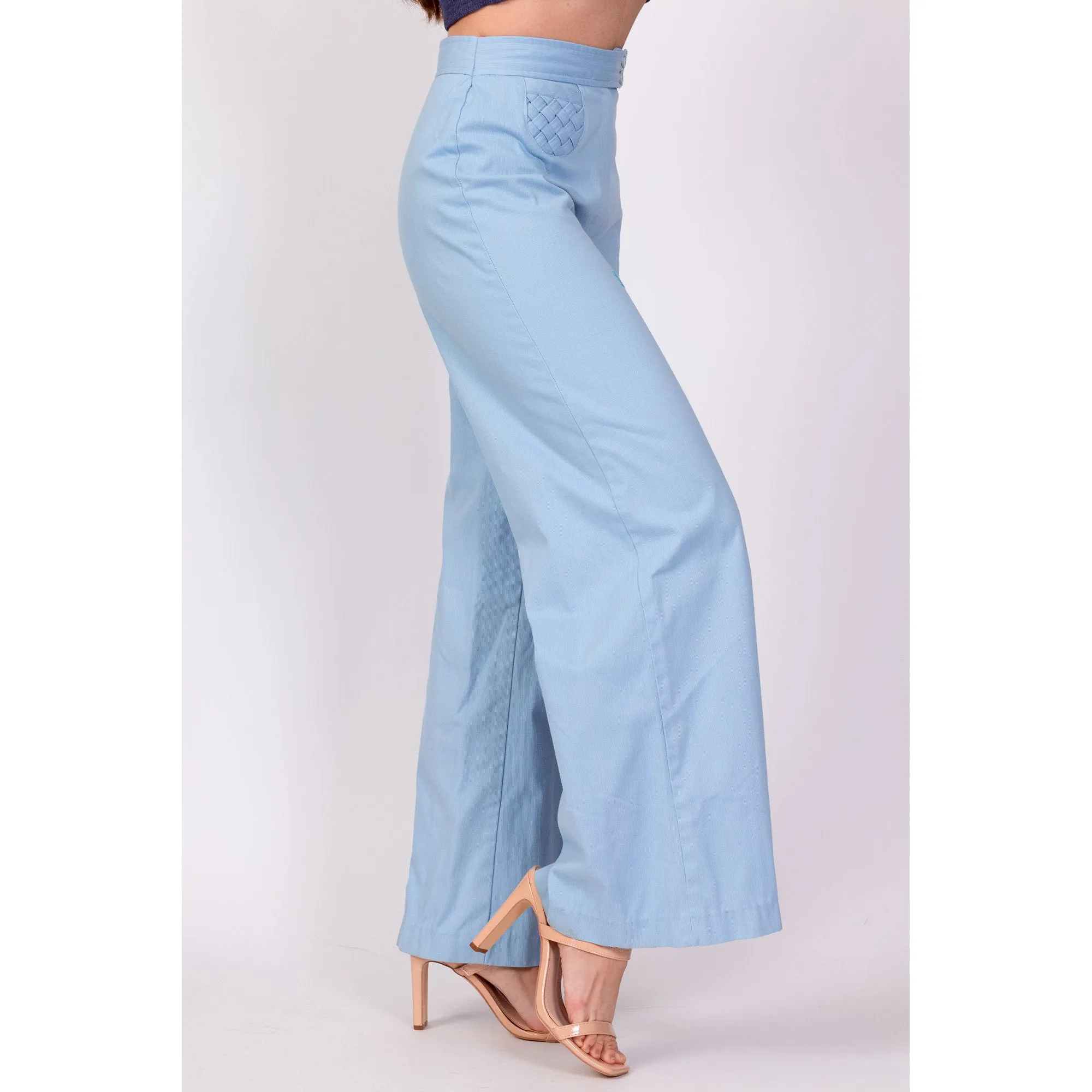 70s Baby Blue Woven Pocket Flared Pants - Extra Small, 24"