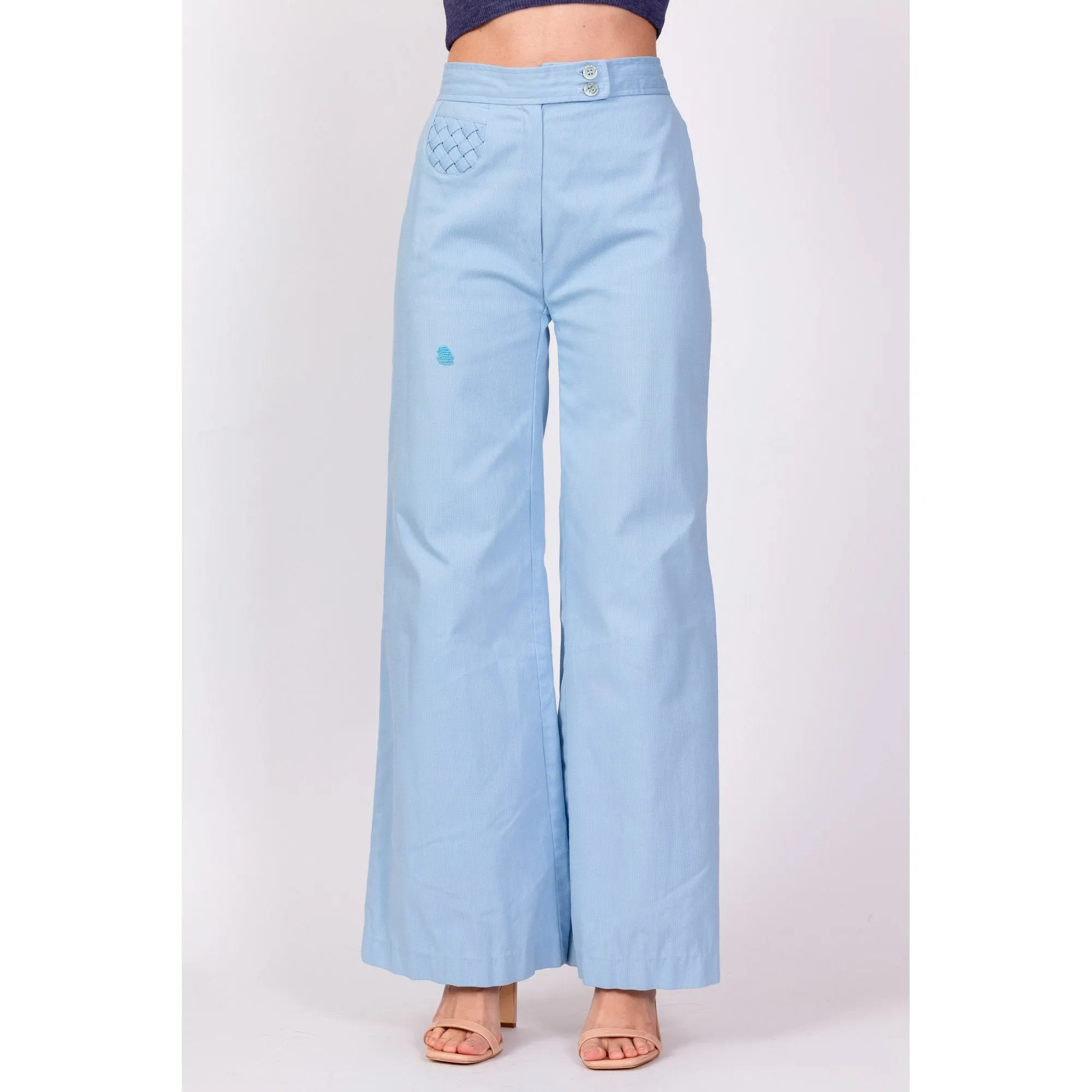 70s Baby Blue Woven Pocket Flared Pants - Extra Small, 24"