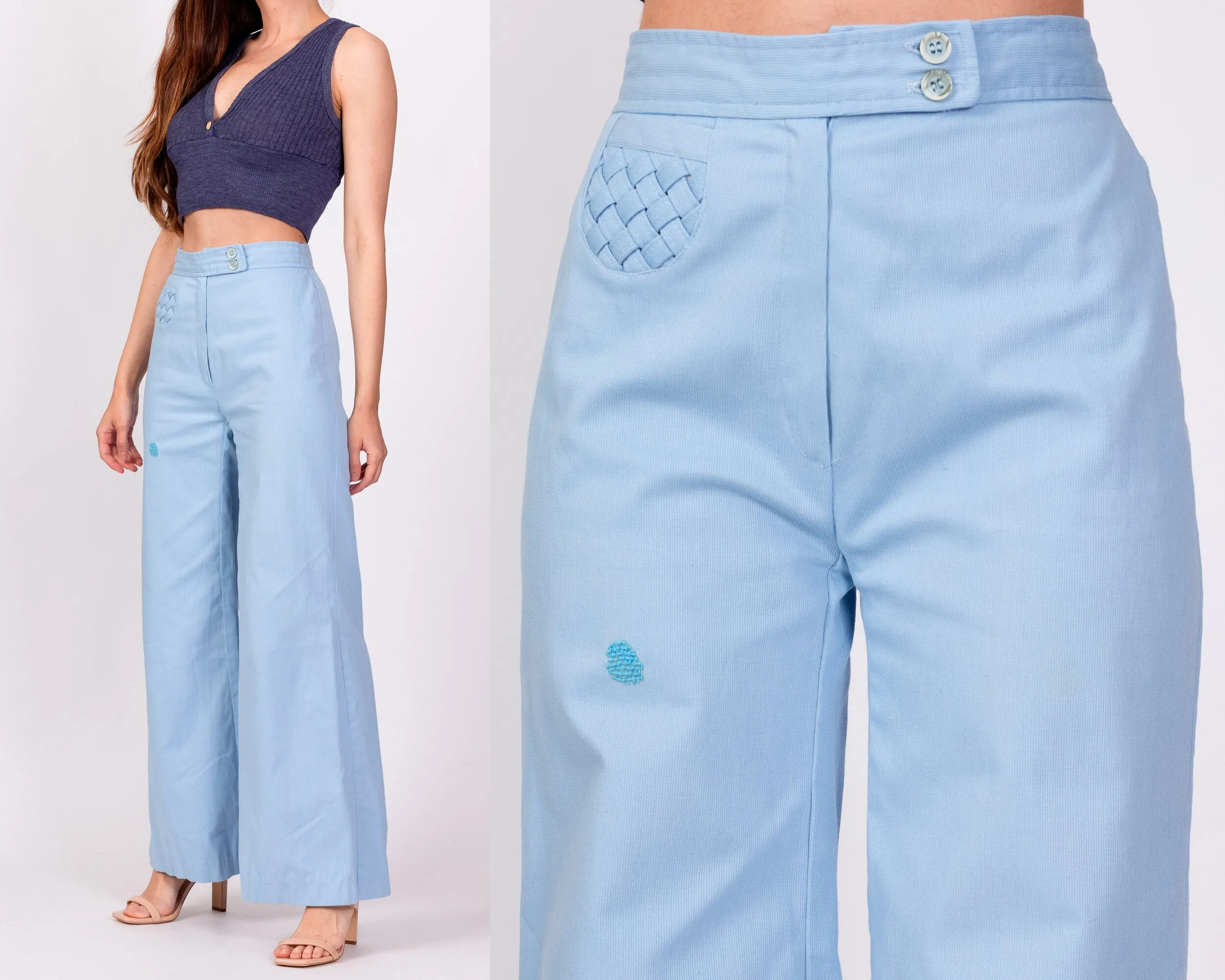 70s Baby Blue Woven Pocket Flared Pants - Extra Small, 24"