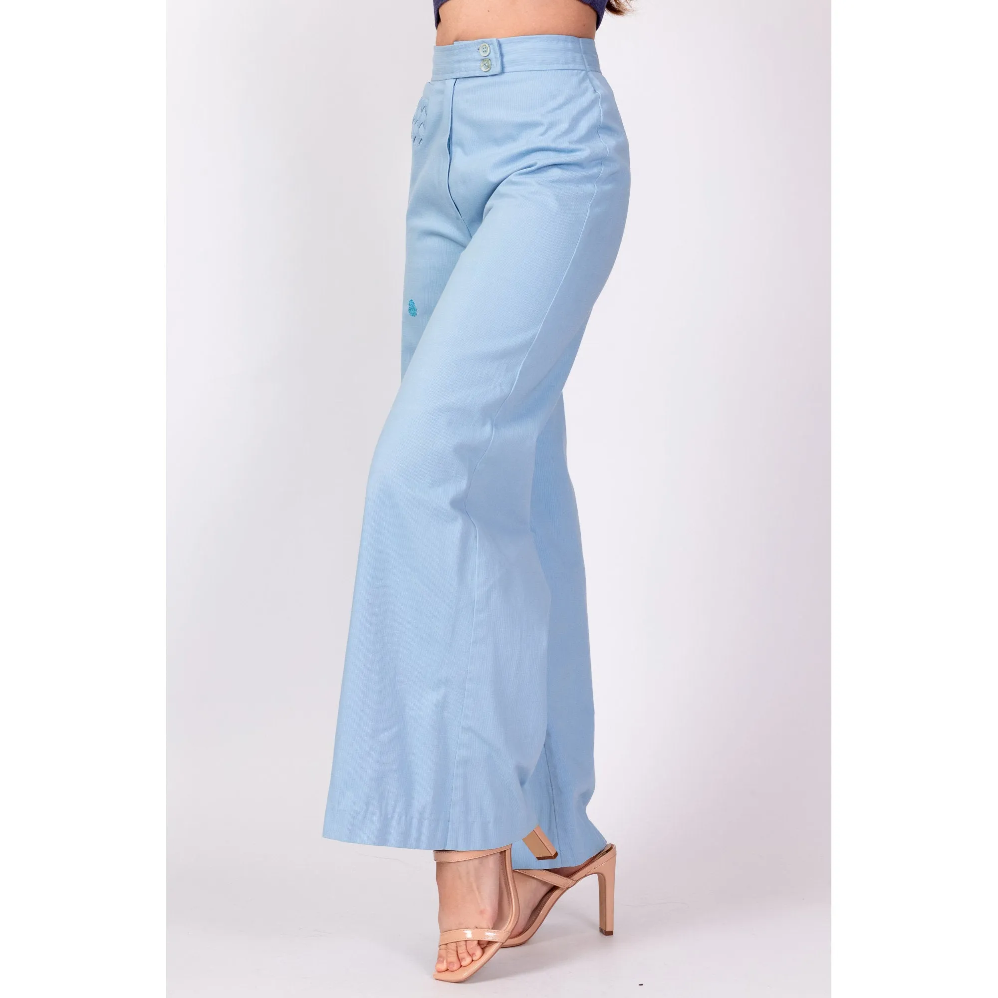 70s Baby Blue Woven Pocket Flared Pants - Extra Small, 24"