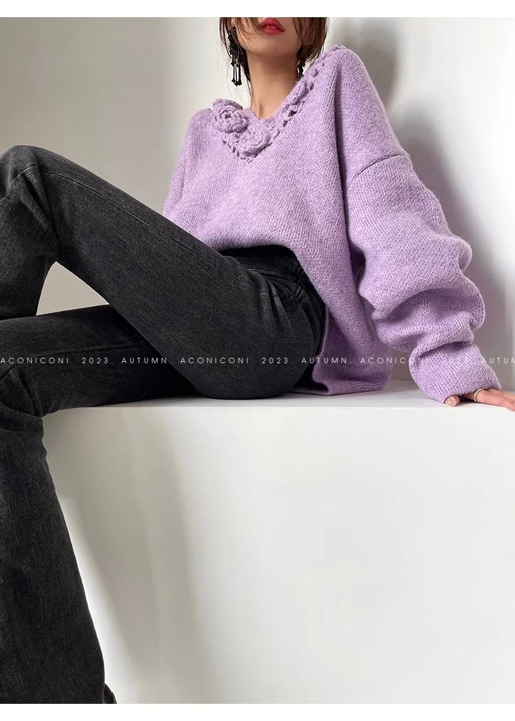 Aconiconi|Purple Flower Crochet openwork long cropped loose wool knit sweater  dress - Twilight