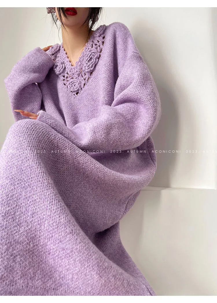 Aconiconi|Purple Flower Crochet openwork long cropped loose wool knit sweater  dress - Twilight