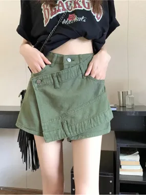 Advbridge -  Women's Clothing Vintage Irregular Army Green Denim Shorts Summer Streetwear Fashion High Waist A-Line Button Slim Pants Female