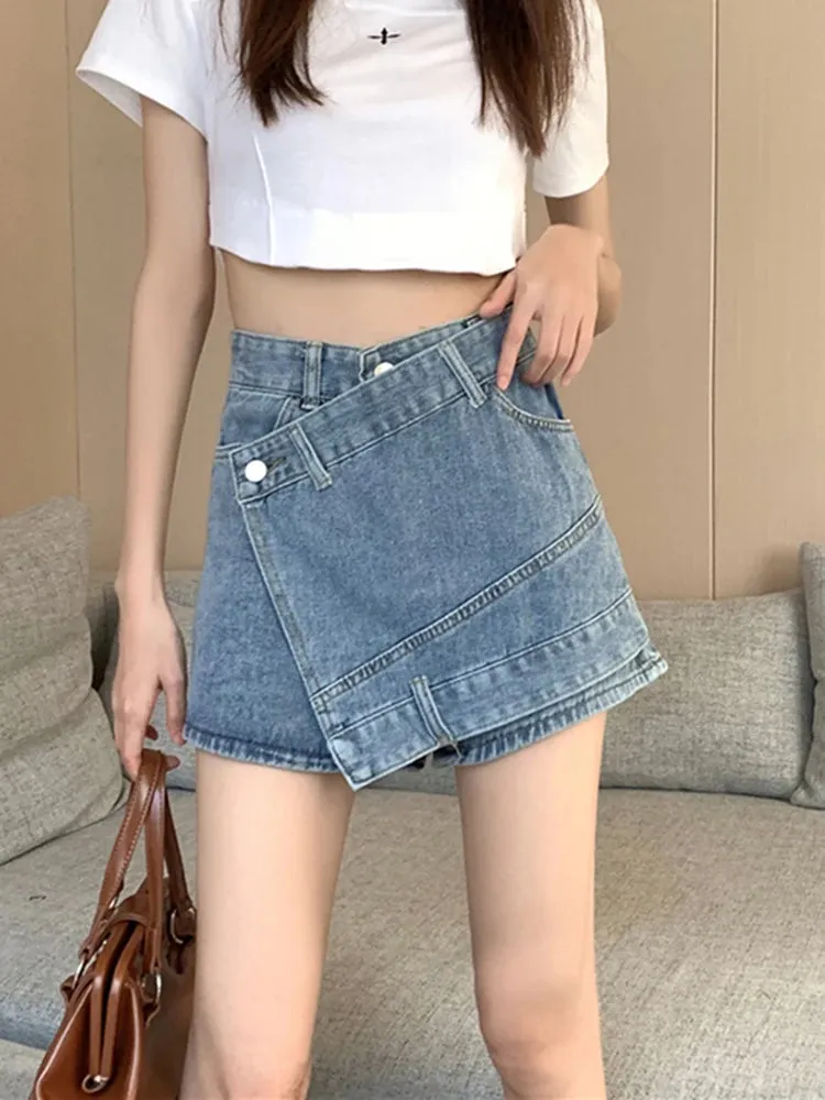 Advbridge -  Women's Clothing Vintage Irregular Army Green Denim Shorts Summer Streetwear Fashion High Waist A-Line Button Slim Pants Female