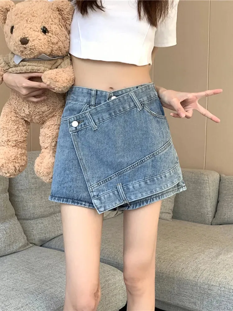 Advbridge -  Women's Clothing Vintage Irregular Army Green Denim Shorts Summer Streetwear Fashion High Waist A-Line Button Slim Pants Female