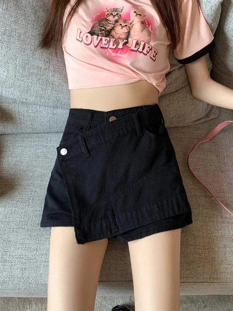 Advbridge -  Women's Clothing Vintage Irregular Army Green Denim Shorts Summer Streetwear Fashion High Waist A-Line Button Slim Pants Female