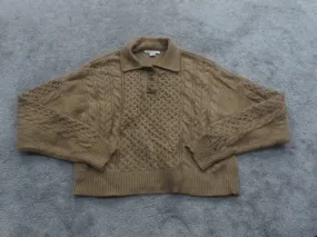 American Eagle Womens Crop Polo Sweater Knitted Long Sleeves Light Brown Size S