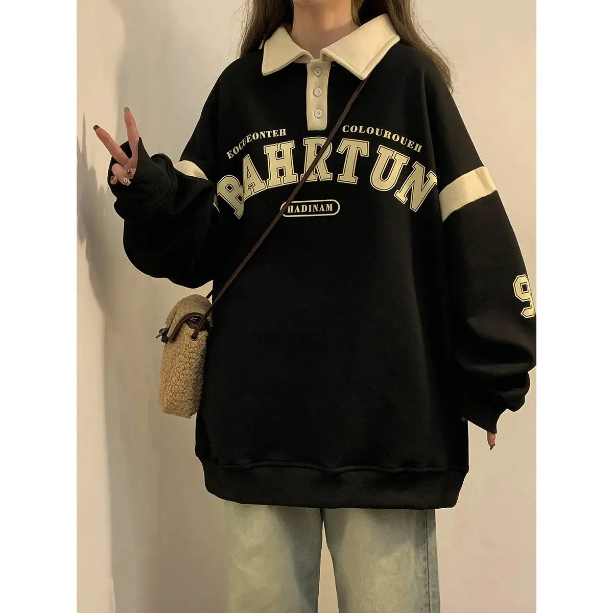 American Retro Polo Collar Sweater Plus Size