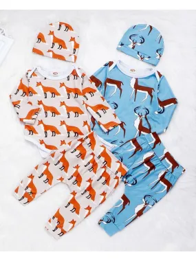 Baby 3-Piece Outfits Goat & Fox Printed Bodysuit Pants Hat