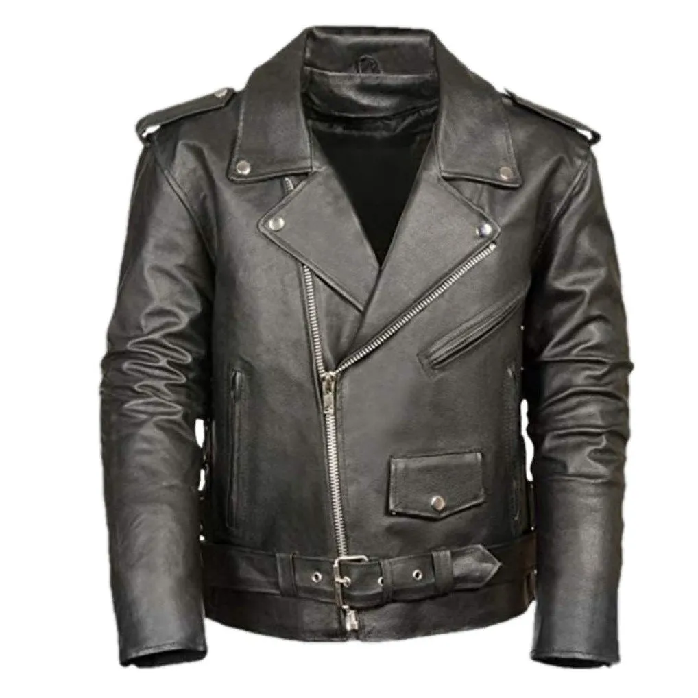 Basic Motorcycle Leather Jacket with Pockets