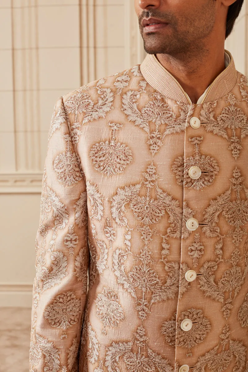 Beige Printed Embroidered Sherwani