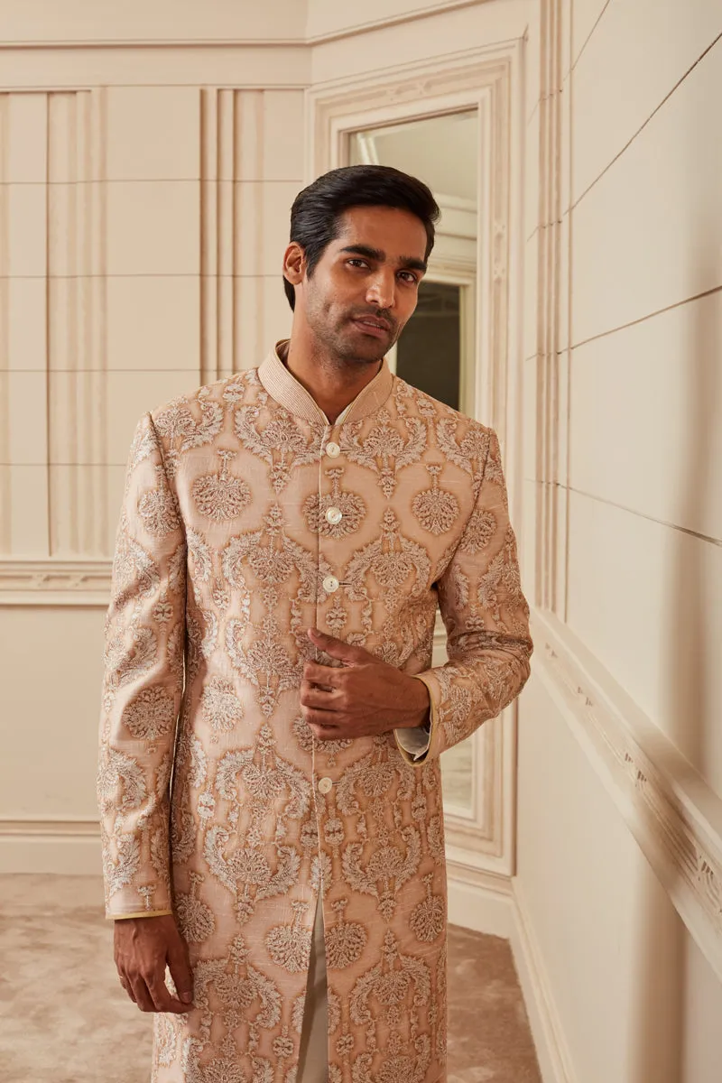 Beige Printed Embroidered Sherwani
