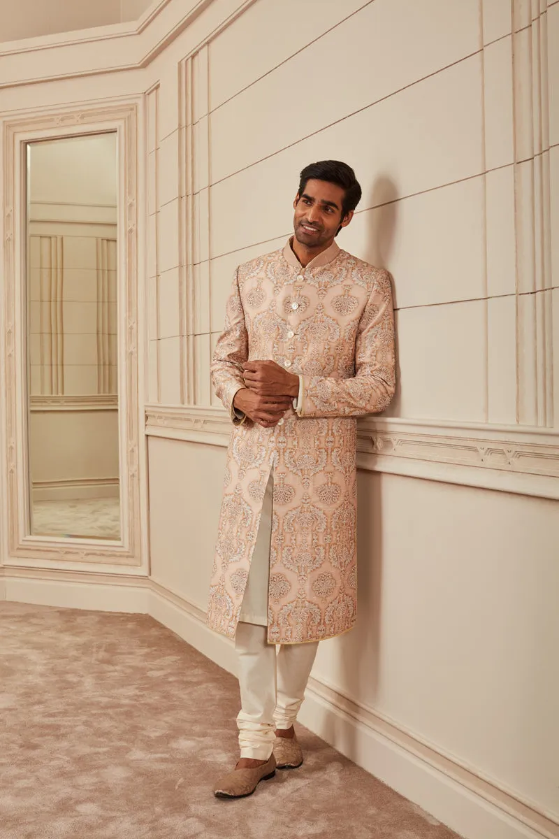 Beige Printed Embroidered Sherwani