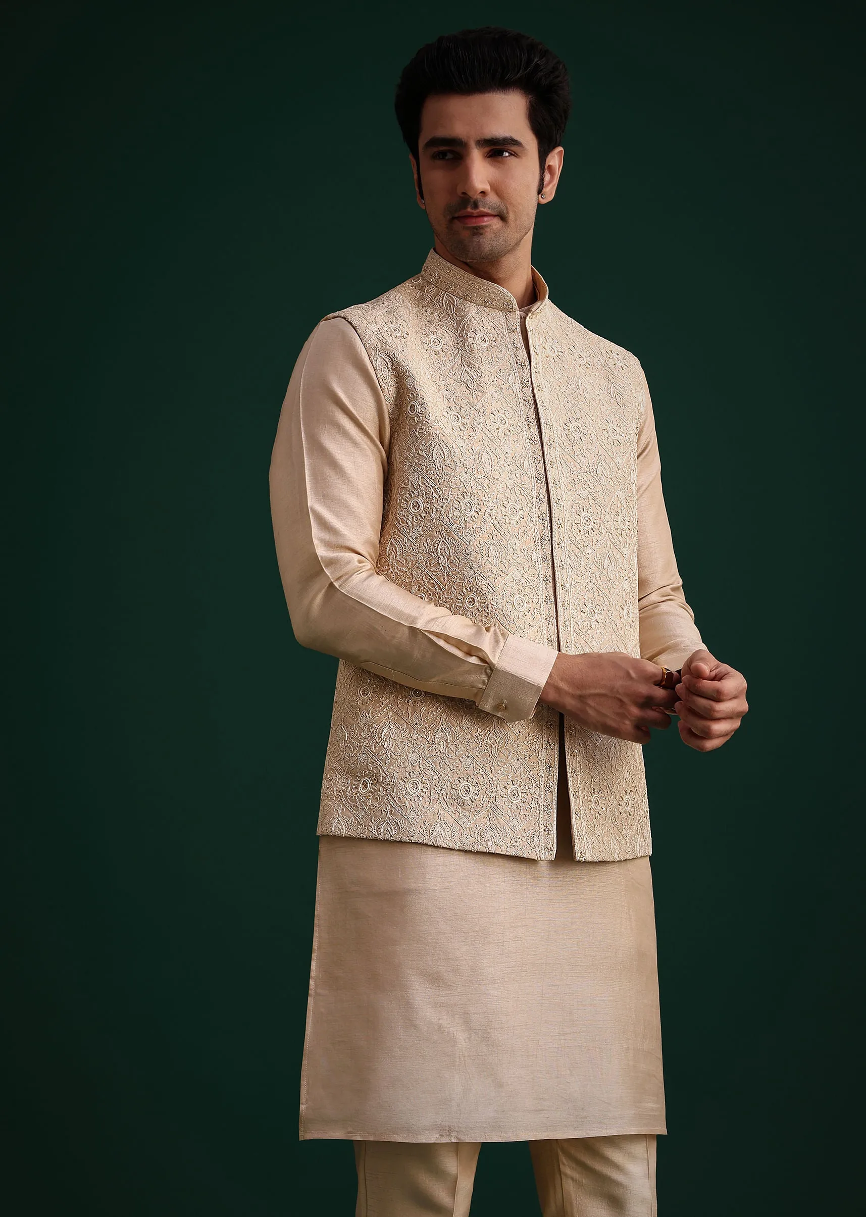 Beige Silk Kurta Set With Threadwork Jacket