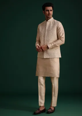 Beige Silk Kurta Set With Threadwork Jacket