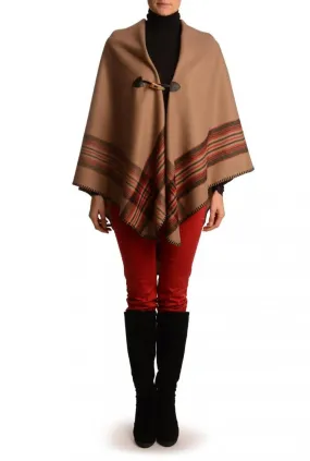 Beige Square With Wide Stripe Fastening Blanket Wrap (Poncho)