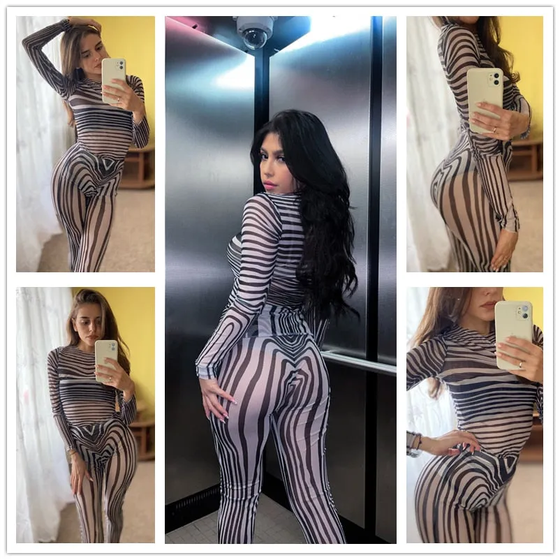 BerryBetty - Autumn Mesh Zebra Striped Sets Women 2 Piece Suit T-shirt   Long Pants See-through Sexy Co-ord Set Female Tracksuit Costume