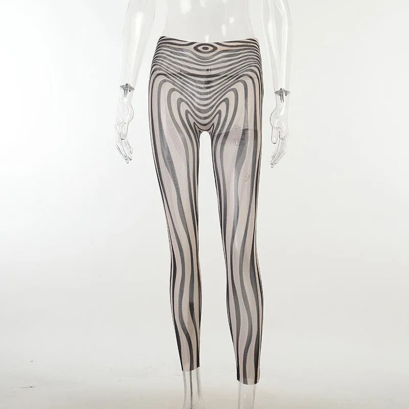BerryBetty - Autumn Mesh Zebra Striped Sets Women 2 Piece Suit T-shirt   Long Pants See-through Sexy Co-ord Set Female Tracksuit Costume