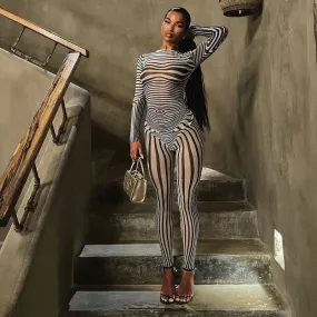BerryBetty - Autumn Mesh Zebra Striped Sets Women 2 Piece Suit T-shirt   Long Pants See-through Sexy Co-ord Set Female Tracksuit Costume