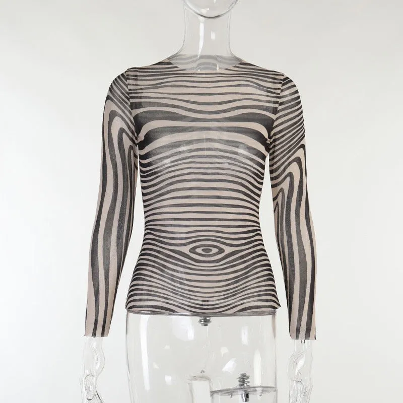 BerryBetty - Autumn Mesh Zebra Striped Sets Women 2 Piece Suit T-shirt   Long Pants See-through Sexy Co-ord Set Female Tracksuit Costume