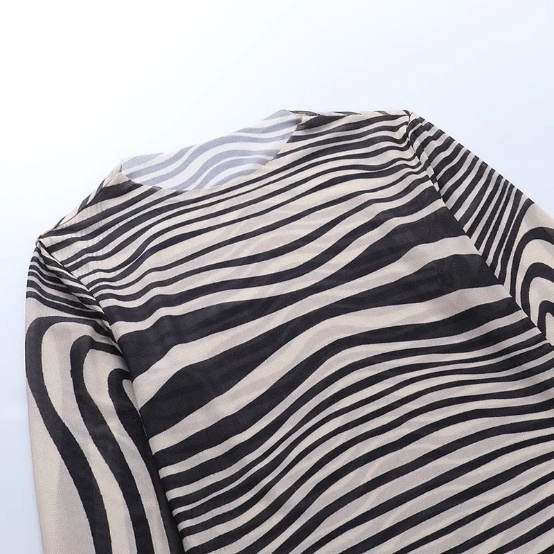 BerryBetty - Autumn Mesh Zebra Striped Sets Women 2 Piece Suit T-shirt   Long Pants See-through Sexy Co-ord Set Female Tracksuit Costume